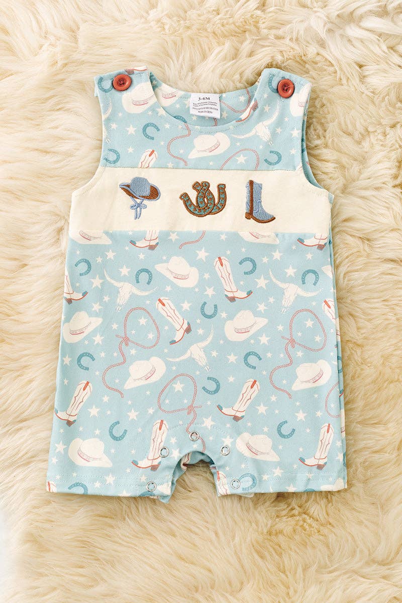 Blue western printed baby romper with snaps