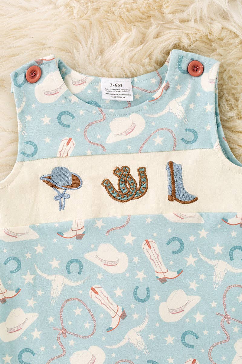 Blue western printed baby romper with snaps