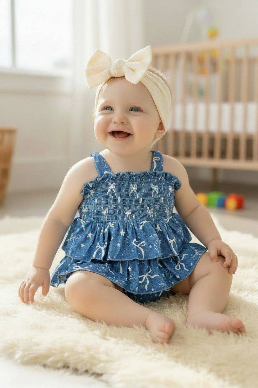 Simulated denim w/ printed bows baby bodysuit