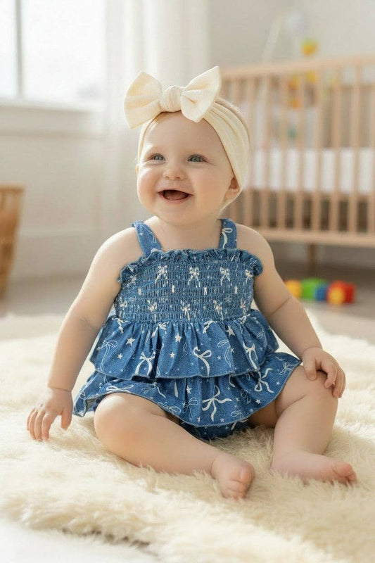 Simulated denim w/ printed bows baby bodysuit