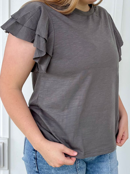 Grey Ruffle Short Sleeve Blouse
