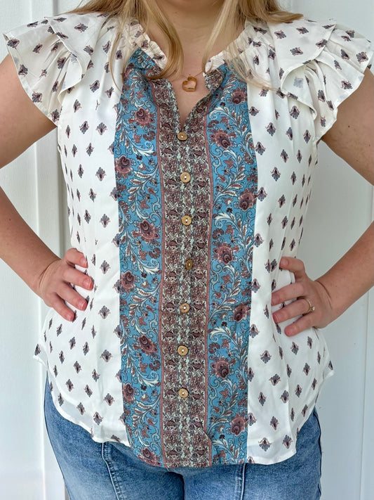 Ruffled Sleeved Patterned Blouse