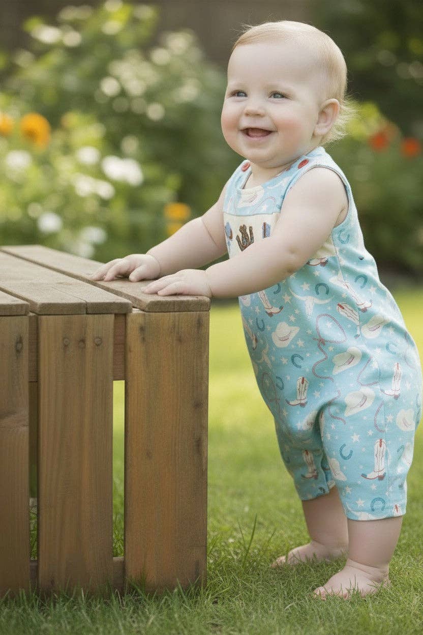Blue western printed baby romper with snaps